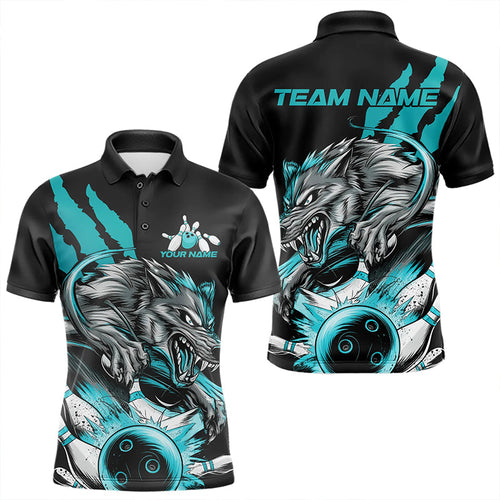 Custom Black And Blue Wolf Bowling Men Polo Shirts, Wolf Scratch Bowling Team League Shirt IPHW8720