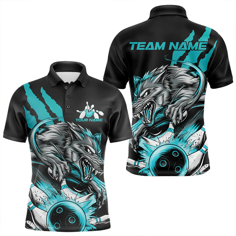 Custom Black And Blue Wolf Bowling Men Polo Shirts, Wolf Scratch Bowling Team League Shirt IPHW8720
