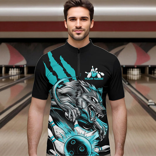 Custom Black And Blue Wolf Bowling Men Quarter-Zip Shirts, Wolf Scratch Bowling Team League Shirt IPHW8720