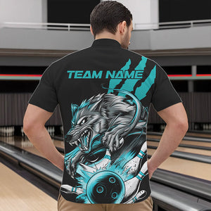 Custom Black And Blue Wolf Bowling Men Quarter-Zip Shirts, Wolf Scratch Bowling Team League Shirt IPHW8720
