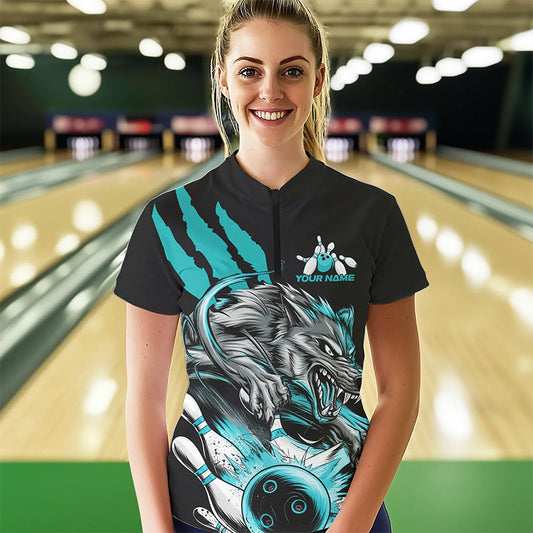 Custom Black And Blue Wolf Bowling Women Quarter-Zip Shirt, Wolf Scratch Bowling Team Shirt IPHW8720