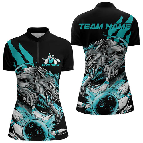 Custom Black And Blue Wolf Bowling Women Quarter-Zip Shirt, Wolf Scratch Bowling Team Shirt IPHW8720