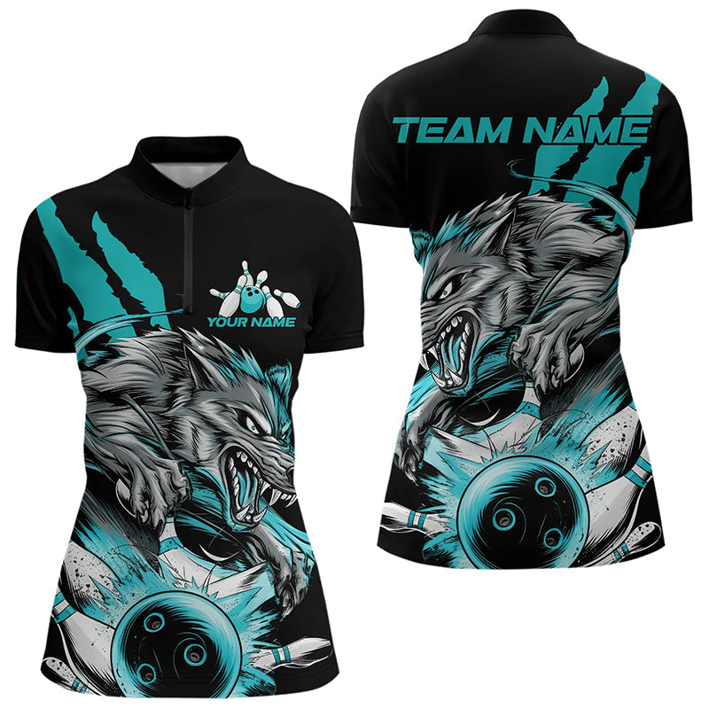Custom Black And Blue Wolf Bowling Women Quarter-Zip Shirt, Wolf Scratch Bowling Team Shirt IPHW8720
