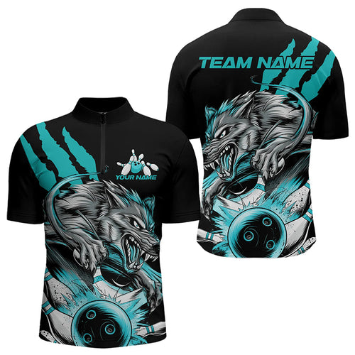 Custom Black And Blue Wolf Bowling Men Quarter-Zip Shirts, Wolf Scratch Bowling Team League Shirt IPHW8720