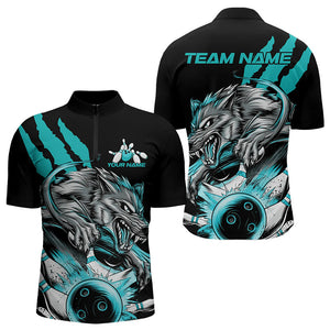 Custom Black And Blue Wolf Bowling Men Quarter-Zip Shirts, Wolf Scratch Bowling Team League Shirt IPHW8720