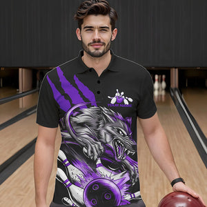 Custom Black And Purple Wolf Bowling Men Polo Shirts, Wolf Scratch Bowling Team League Shirt IPHW8721
