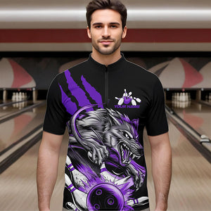 Custom Black And Purple Wolf Bowling Men Quarter-Zip Shirts, Wolf Scratch Bowling Team League Shirt IPHW8721