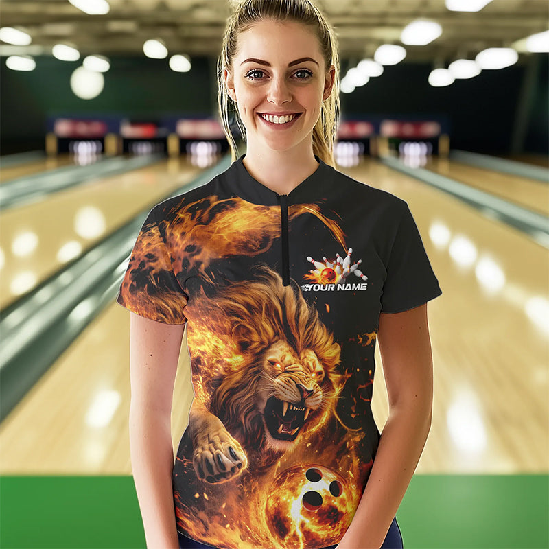 Custom Fire Flame Lion Bowling Team Women Quarter-Zip Shirts, Lion Bowling League Shirt IPHW8976