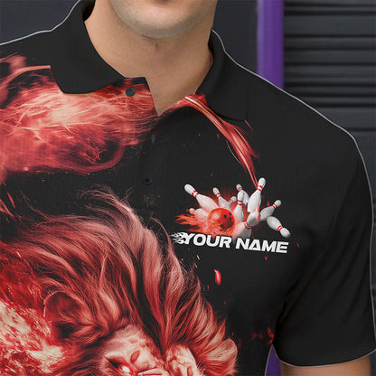 Custom Red Flame Lion Bowling Team Men Polo Shirts, Lion Bowling League Shirt IPHW8977