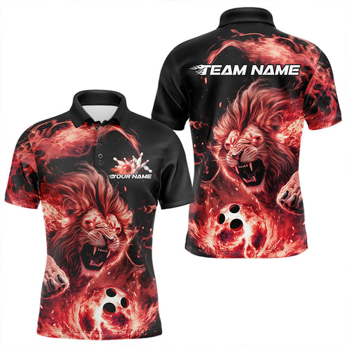 Custom Red Flame Lion Bowling Team Men Polo Shirts, Lion Bowling League Shirt IPHW8977