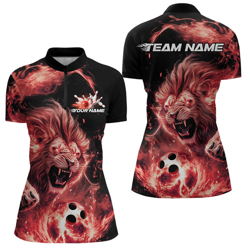 Custom Red Flame Lion Bowling Team Women Quarter-Zip Shirts, Lion Bowling League Shirt IPHW8977