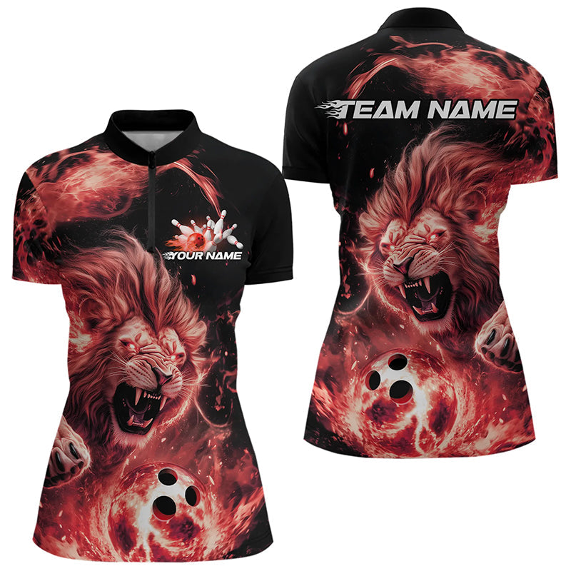 Custom Red Flame Lion Bowling Team Women Quarter-Zip Shirts, Lion Bowling League Shirt IPHW8977