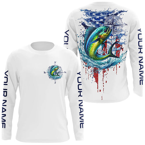 American Flag Mahi Mahi Fishing Custom Long Sleeve Fishing Shirts, Patriotic Saltwater Fishing Shirt IPHW7041