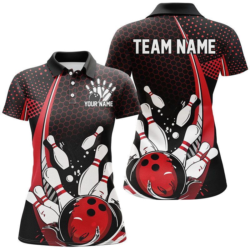Custom Black And Red Bowling Shirts For Women, Classic Retro Bowling Jerseys Bowlers Outfit IPHW7279