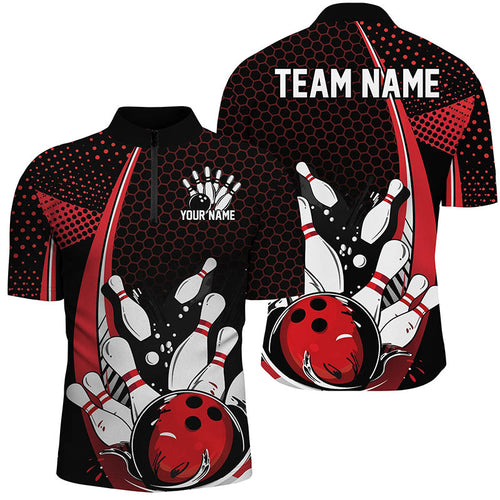 Custom Black And Red Bowling Shirts For Men, Classic Retro Bowling Jerseys Bowlers Outfit IPHW7279