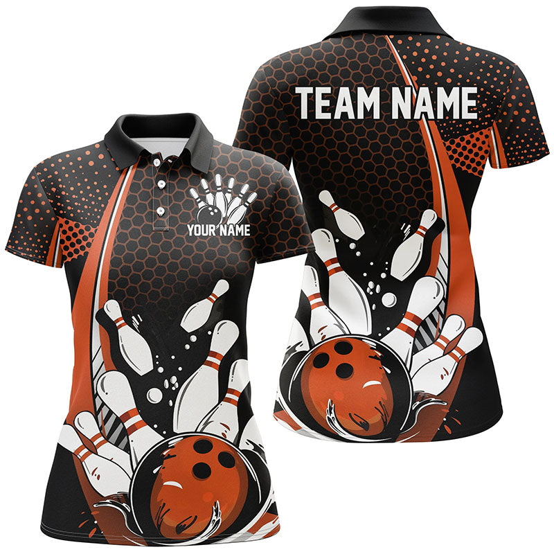 Custom Black And Orange Ladies Bowling Shirts, Classic Retro Bowling Jerseys Bowlers Outfit IPHW7280