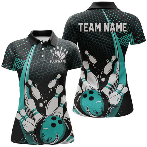 Custom Black And Blue Ladies Bowling Shirts, Classic Retro Bowling Jerseys Bowlers Outfit IPHW7281