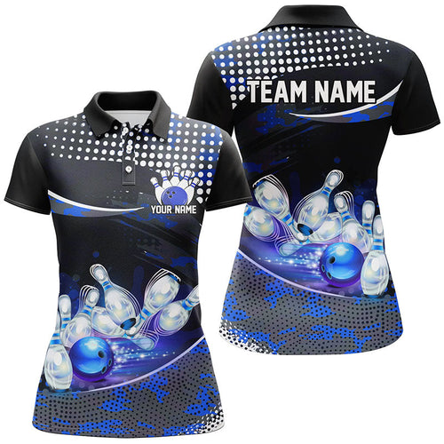 Blue Camo Custom Ladies Bowling Shirts, Bowling League Shirt Bowling Team Uniform With Name IPHW7285