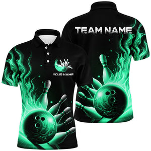 Personalized Green Flame Bowling Polo Shirts For Men Bowling Team Jerseys Strike Bowling IPHW7289