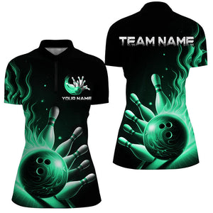 Personalized Green Flame Bowling Polo Shirts For Men Bowling Team Jerseys Strike Bowling IPHW7289