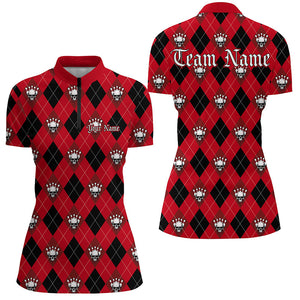 Black And Red Argyle Pattern Custom Skull Ladies Bowling Shirts, Halloween Outfit Bowling IPHW7297