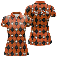 Load image into Gallery viewer, Black And Orange Argyle Pattern Custom Skull Ladies Bowling Shirt, Halloween Outfit Bowling IPHW7300