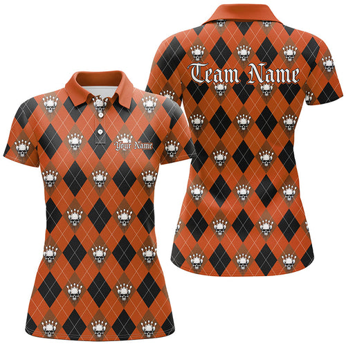 Black And Orange Argyle Pattern Custom Skull Ladies Bowling Shirt, Halloween Outfit Bowling IPHW7300