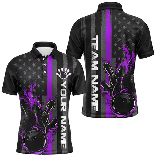 Purple Line American Flag Custom Patriotic Flame Bowling Shirts For Men, Support Bowling Shirt IPHW7594