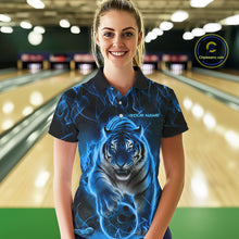 Load image into Gallery viewer, Custom Black And Blue Flame Tiger Bowling Team Polo Shirts For Women, Fire Bowling Jersey IPHW8263