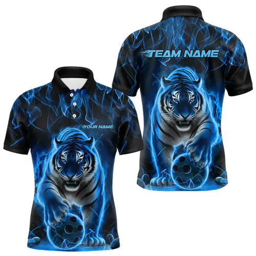 Custom Black And Blue Flame Tiger Bowling Team Polo Shirts For Men, Fire Bowling Jerseys IPHW8263
