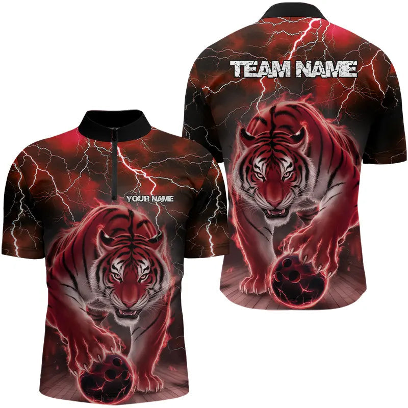 Red Thunder Lightning Custom Flame Tiger Bowling Quarter-Zip Team Shirts For Men Bowlers Outfit IPHW8266