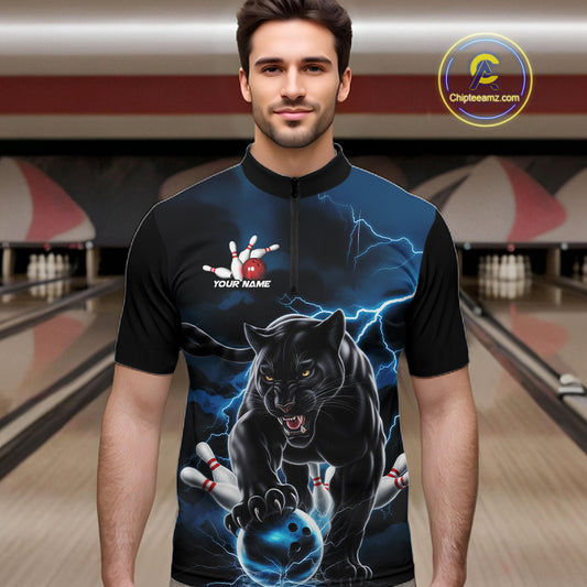 Blue Thunder Lightning Custom Panther Bowling Quarter-Zip Shirts For Men, Panther Bowling Jerseys IPHW8272