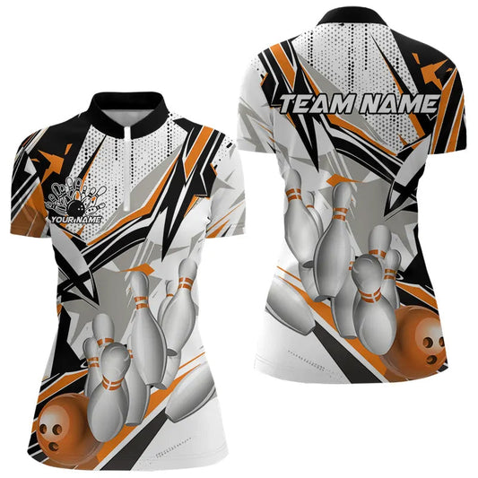 White And Orange Custom Bowling Jerseys For Women, Team Bowling Quarter-Zip Shirts IPHW8274
