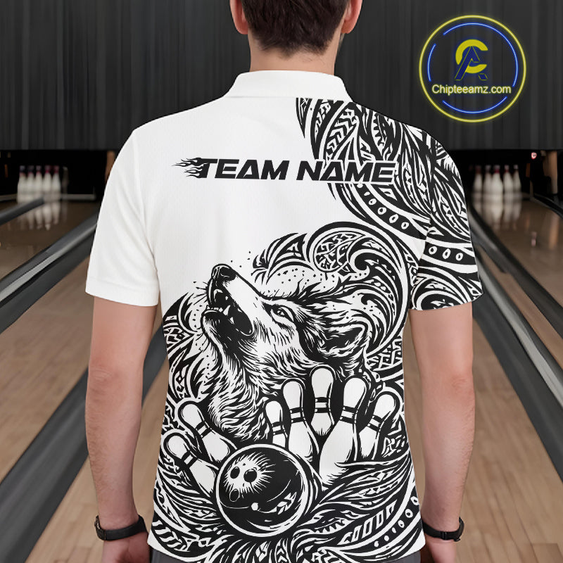 Custom Black And White Tribal Pattern Maori Style Wolf Bowling Team Men Polo Shirts IPHW10330