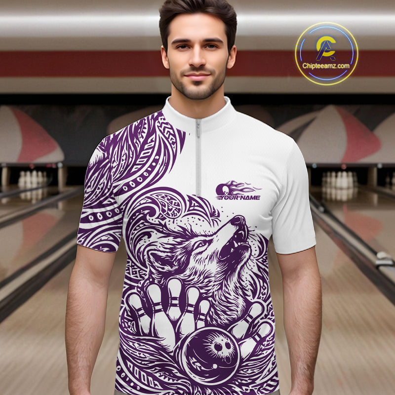 Custom Purple Tribal Pattern Maori Style Wolf Bowling Team Men Quarter-Zip Shirts IPHW10331