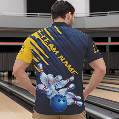 Custom Blue And Yellow Bowling Jerseys, Bowling Team Quarter-Zip Shirts For Men Bowling Tournament IPHW8530