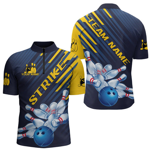 Custom Blue And Yellow Bowling Jerseys, Bowling Team Quarter-Zip Shirts For Men Bowling Tournament IPHW8530