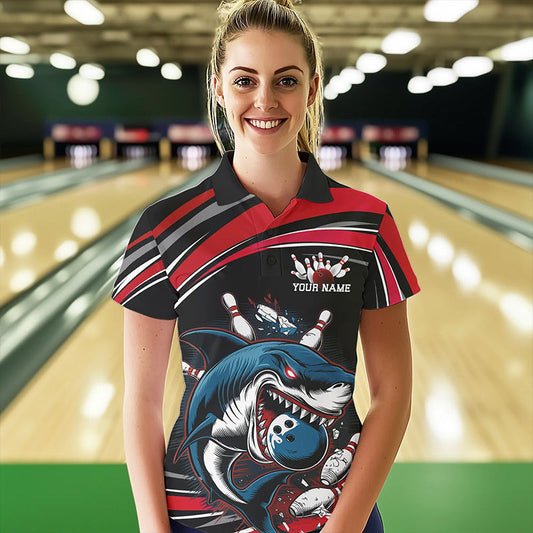 Black And Red Custom Shark Bowling Team Polo Shirts For Women, Shark Bowling League Shirt IPHW8726