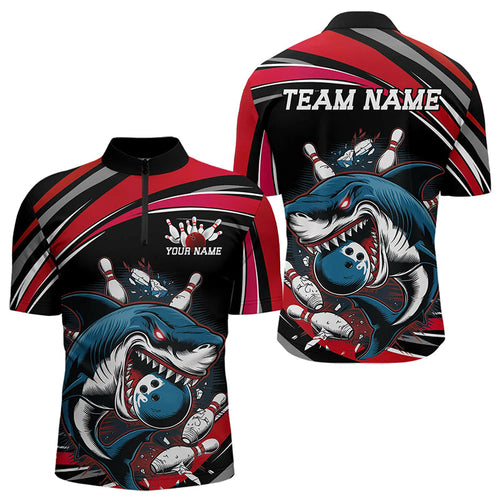 Black And Red Custom Shark Bowling Team Quarter-Zip Shirts For Men, Shark Bowling League Shirt IPHW8726