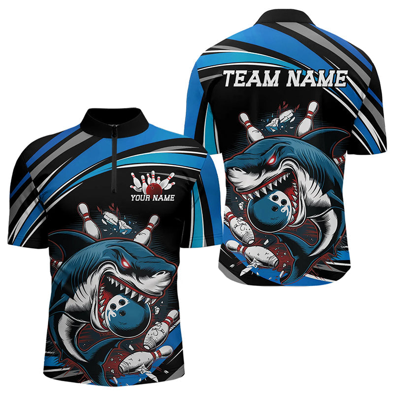 Black And Blue Custom Shark Bowling Team Quarter-Zip Shirts For Men, Shark Bowling League Shirt IPHW8727