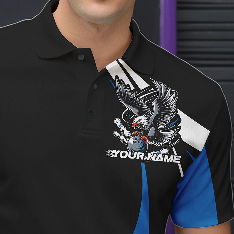 Custom Black And Blue Eagle Bowling Men Polo Shirts, Eagle Bowling Team Jerseys IPHW8733