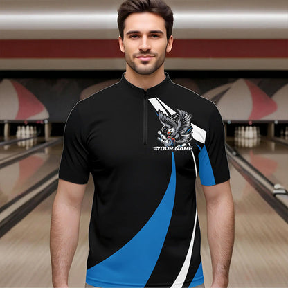Custom Black And Blue Eagle Bowling Men Quarter-Zip Shirts, Eagle Bowling Team Jerseys IPHW8733