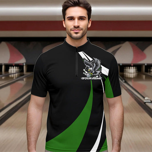 Custom Black And Green Eagle Bowling Men Quarter-Zip Shirts, Eagle Bowling Team Jerseys IPHW8735