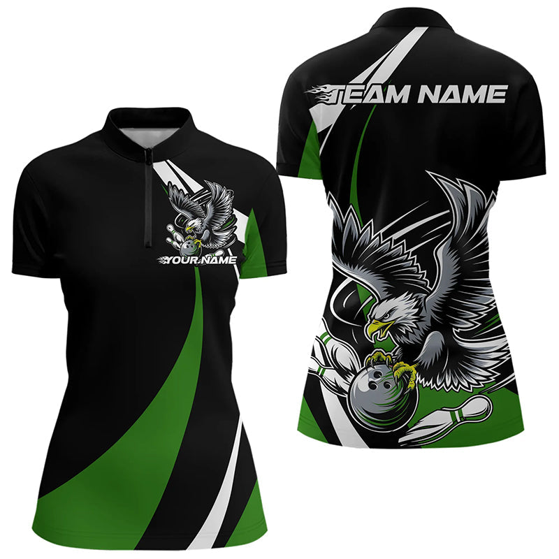 Custom Black And Green Eagle Bowling Women Quarter-Zip Shirts, Eagle Bowling Team Jerseys IPHW8735