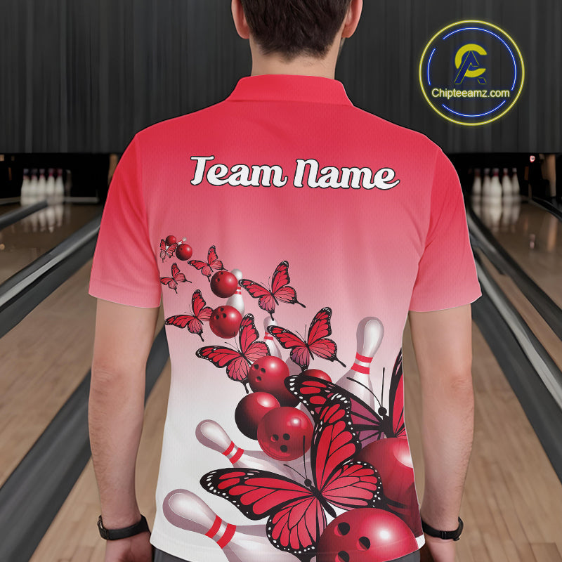 Custom Red Gradient Butterfly Bowling Men Polo Shirts For Team, Bowling League Shirt IPHW10824