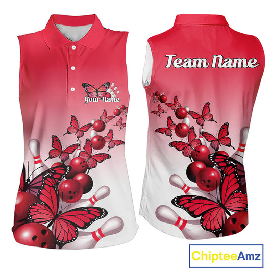 Custom Red Gradient Butterfly Bowling Women Sleeveless Polo Shirts, Bowling League Shirt IPHW10824