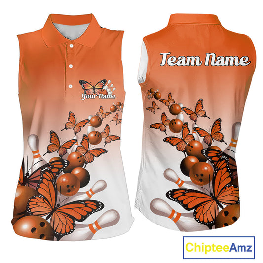 Custom Orange Gradient Butterfly Bowling Women Sleeveless Polo Shirts, Bowling League Shirt IPHW10825