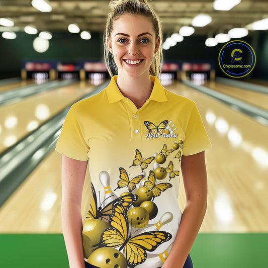 Custom Yellow Gradient Butterfly Bowling Women Polo Shirts For Team, Bowling League Shirt IPHW10826