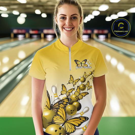 Custom Yellow Gradient Butterfly Bowling Women Quarter-Zip Shirts, Bowling League Shirt IPHW10826