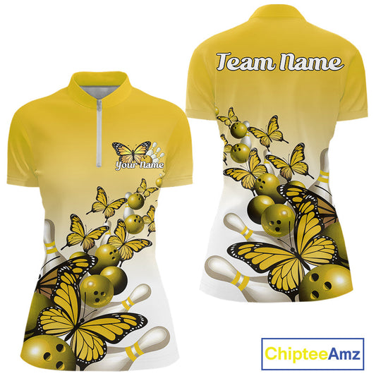 Custom Yellow Gradient Butterfly Bowling Women Quarter-Zip Shirts, Bowling League Shirt IPHW10826